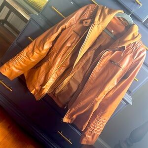 Leather jacket with sweatshirt liner and hood